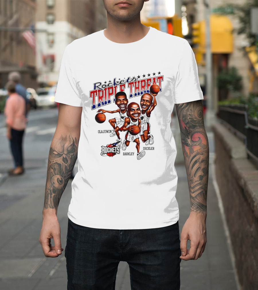 Hakeem Olajuwon Charles Barkley Clyde Drexler Rockets Triple Threat NBA Legends T-Shirt