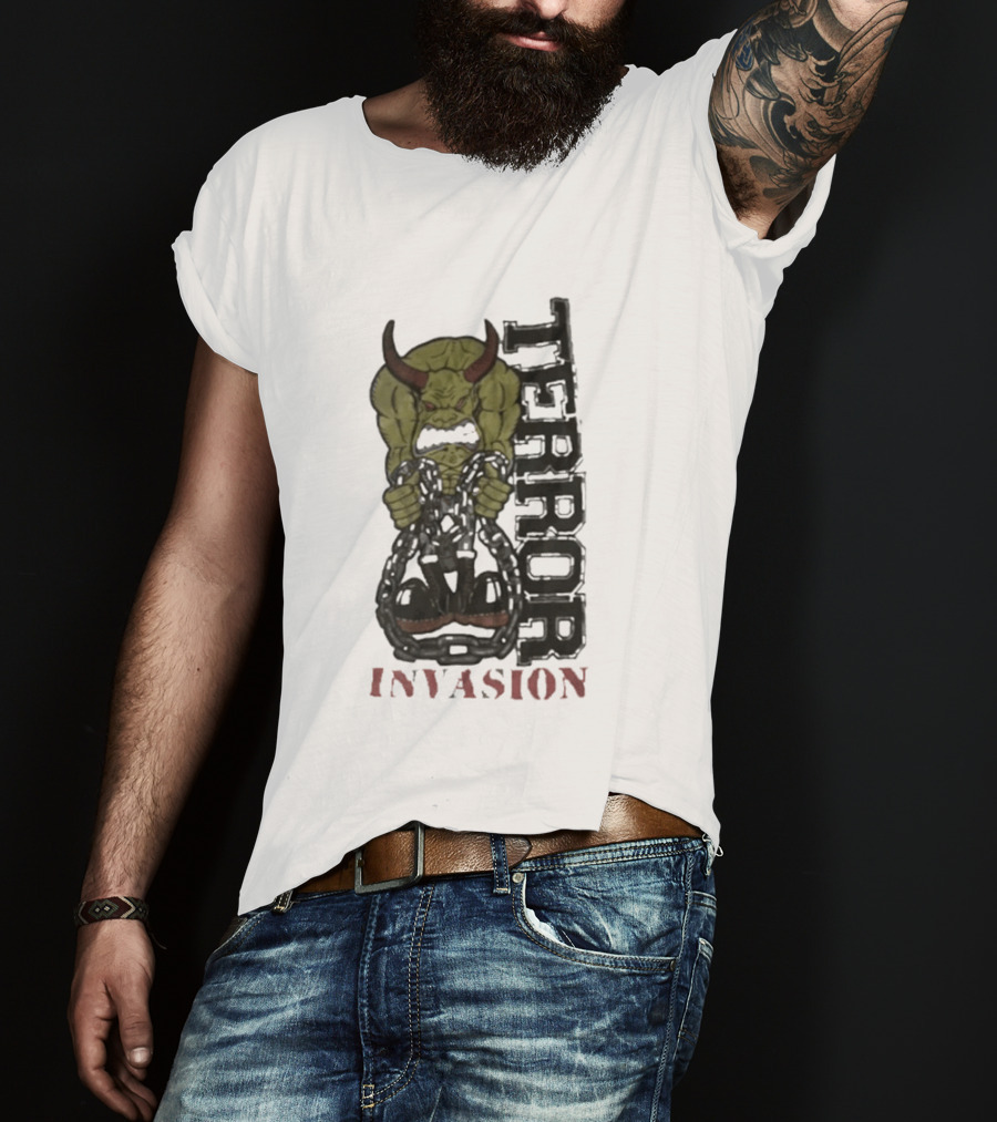 Terror Invasion Demon Holding Chains Warrior Monster T-Shirt