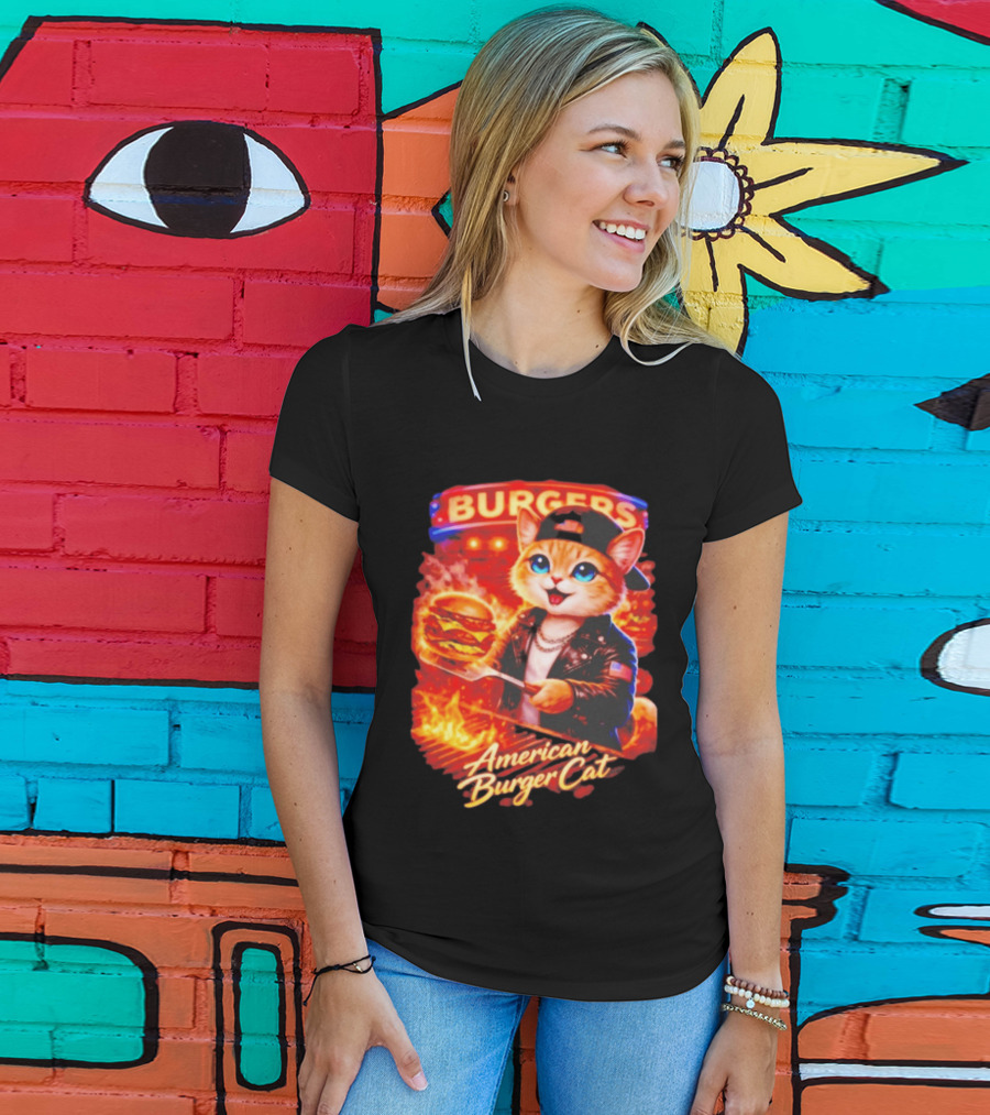 Burgers Flame Grilling American Burger Cat Fun T-Shirt