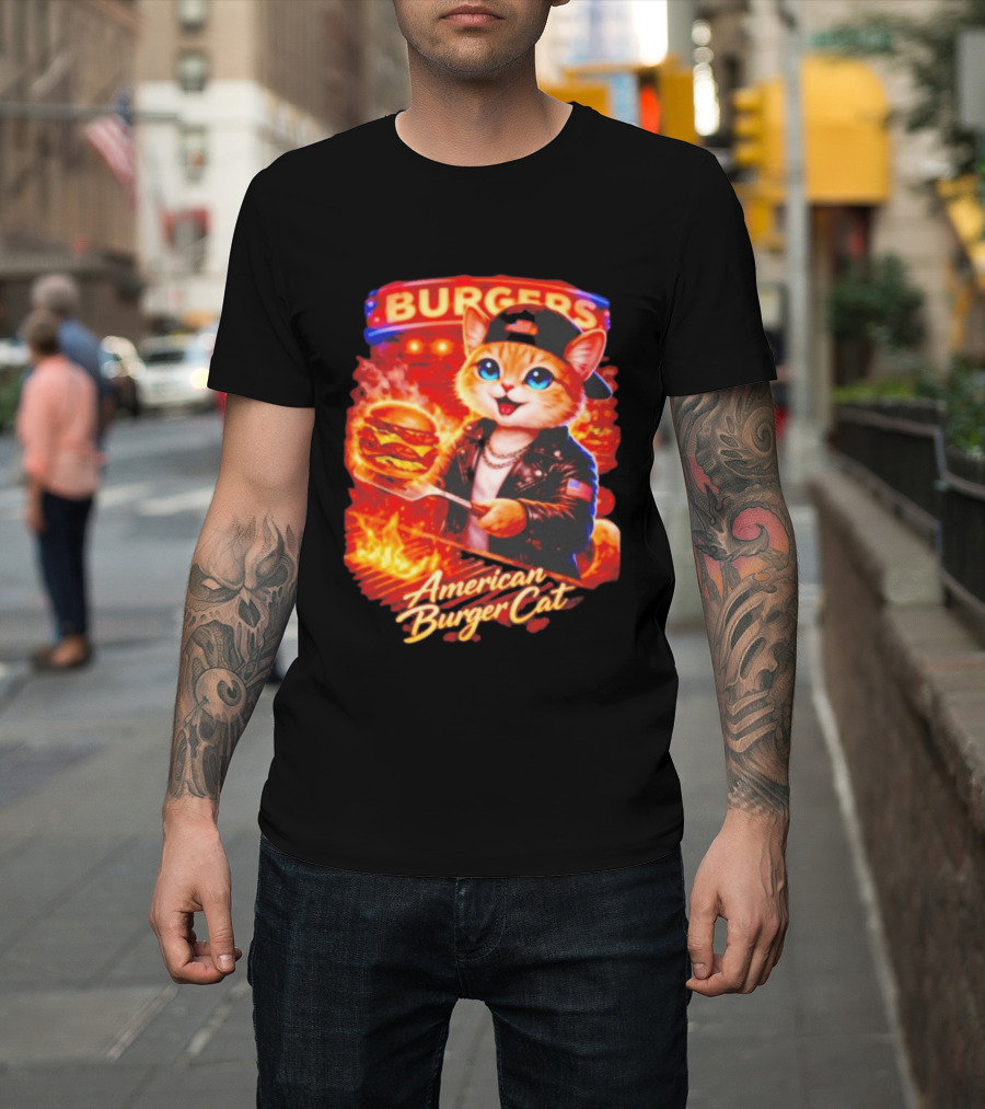 Burgers Flame Grilling American Burger Cat Fun T-Shirt