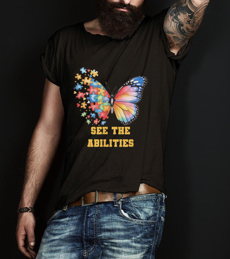 Butterfly Puzzle Pieces Autism Awareness See The Abilities T-Shirt