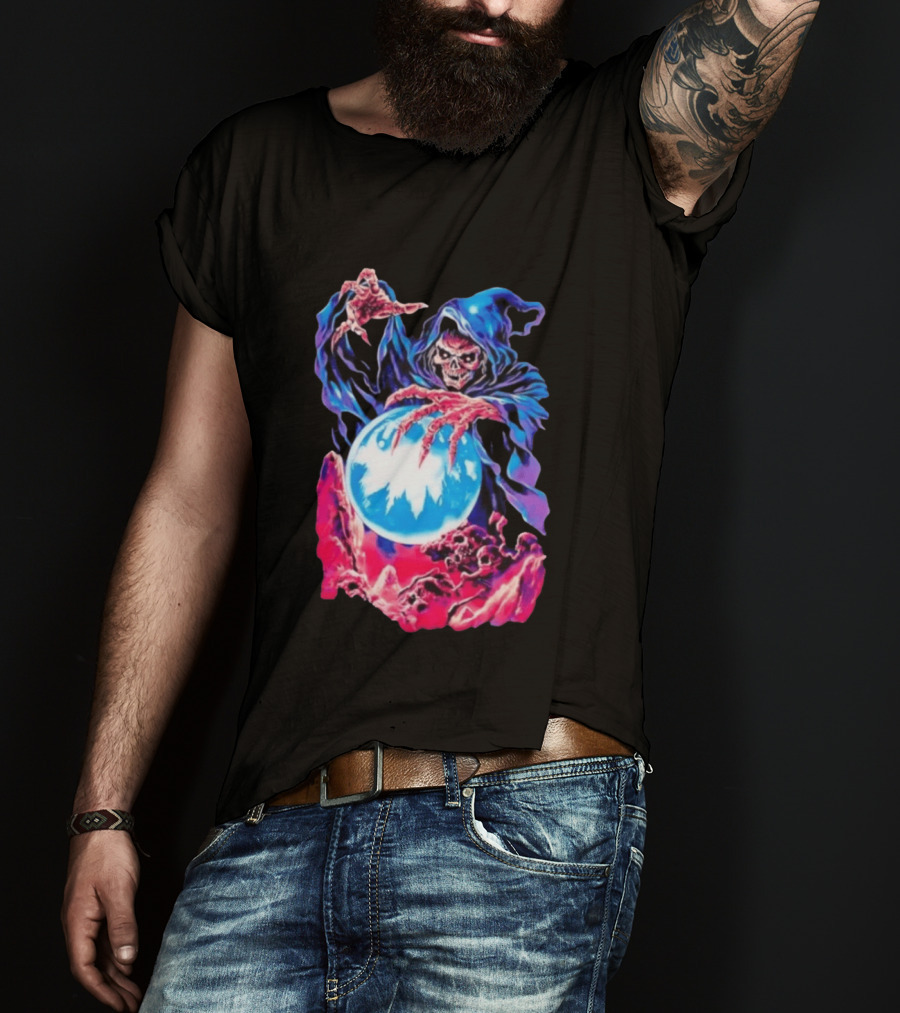 Grim Reaper Crystal Ball Skull Mystical Skeleton Hooded Cloak T-Shirt