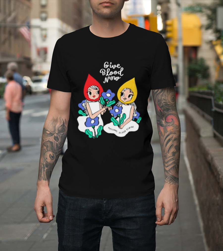 Give Blood Now National Blood Centre Cartoon Girls With Flowers T-Shirt