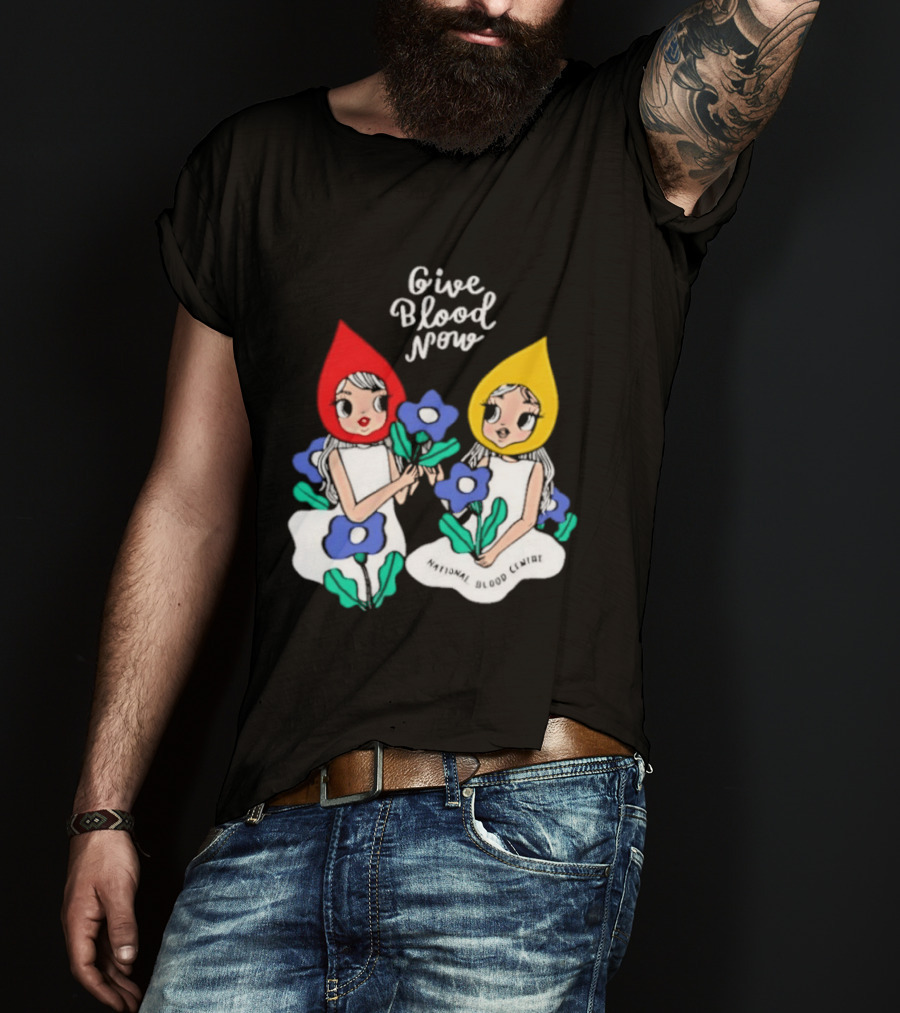 Give Blood Now National Blood Centre Cartoon Girls With Flowers T-Shirt
