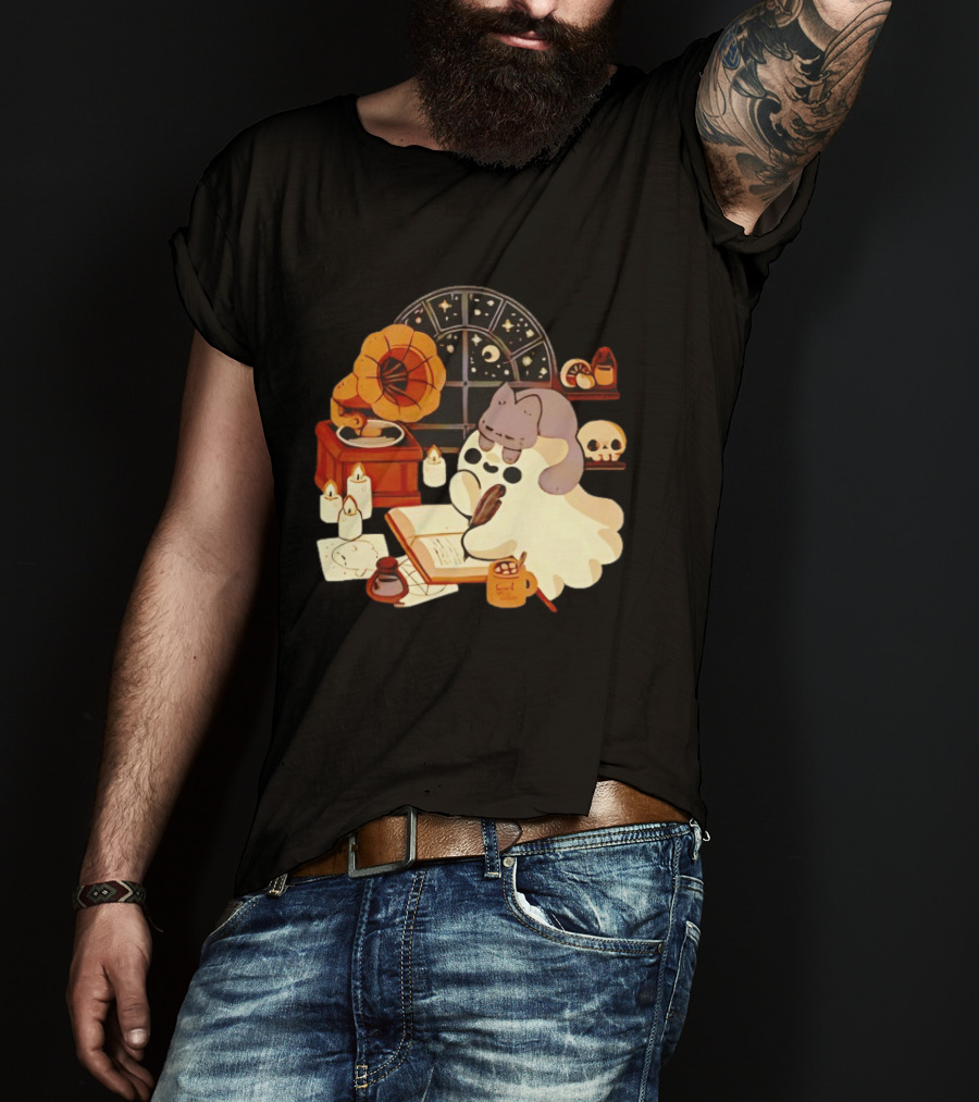 Ghost Cat Listening To Phonograph Under Night Sky While Writing T-Shirt