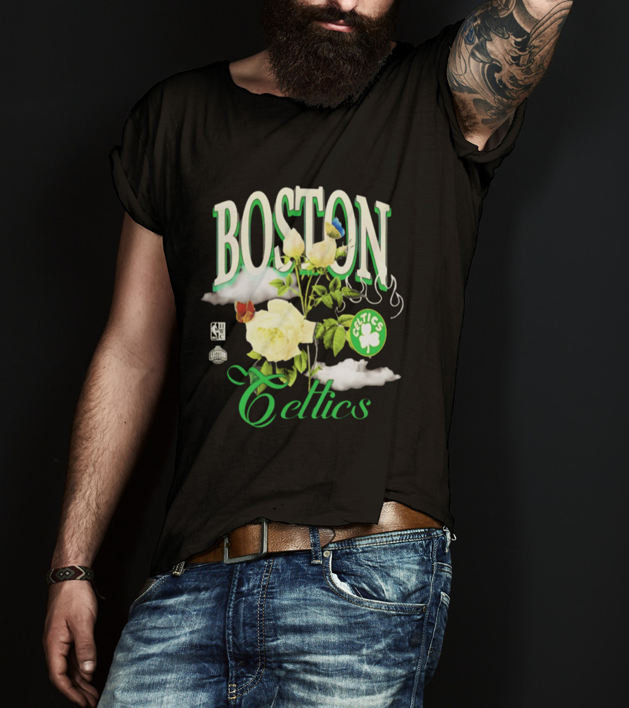 Boston Celtics Floral Roses With Butterfly And Shamrock T-Shirt