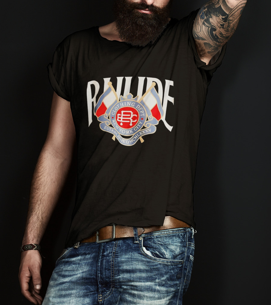 Rhude Clothing Dept New York City Established MCMLXXV Emblem Double Flags T-Shirt