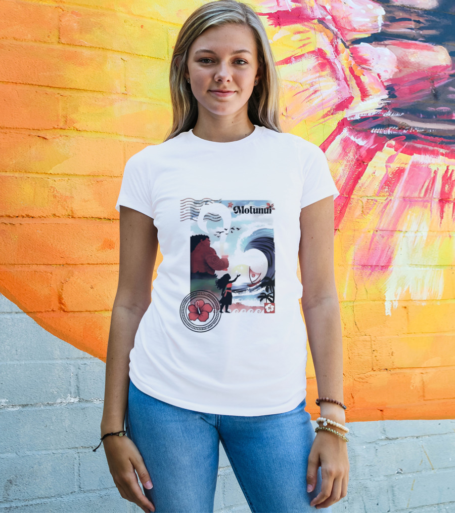 Motunui Postage Stamp Ocean Wave Hibiscus Blossom T-Shirt