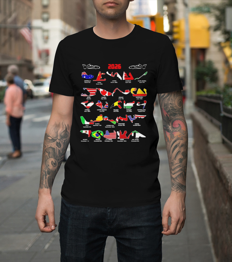 Formula Racing 2026 Circuit Map With International Flags And Track Layouts T-Shirt
