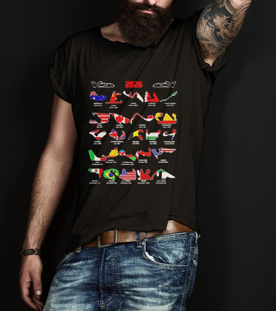 Formula Racing 2026 Circuit Map With International Flags And Track Layouts T-Shirt