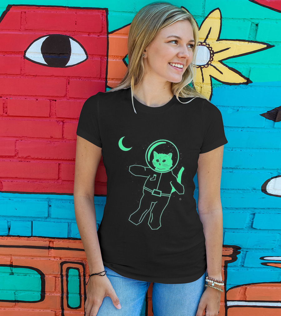 Glow In The Dark Astronaut Neon Cat With Moon Phases T-Shirt