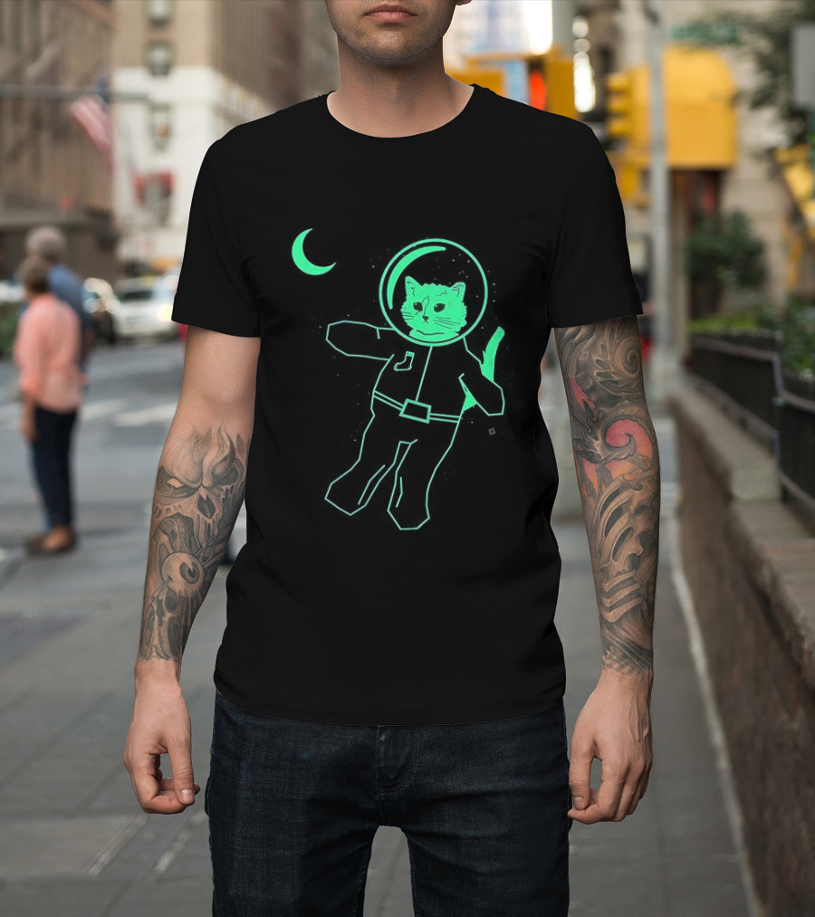 Glow in the Dark Astronaut Neon Cat with Moon Phases T-Shirt
