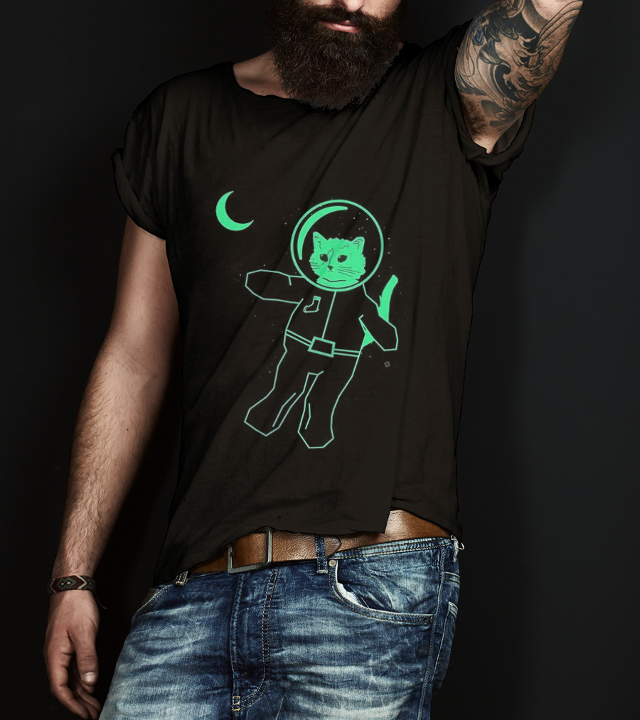 Glow In The Dark Astronaut Neon Cat With Moon Phases T-Shirt