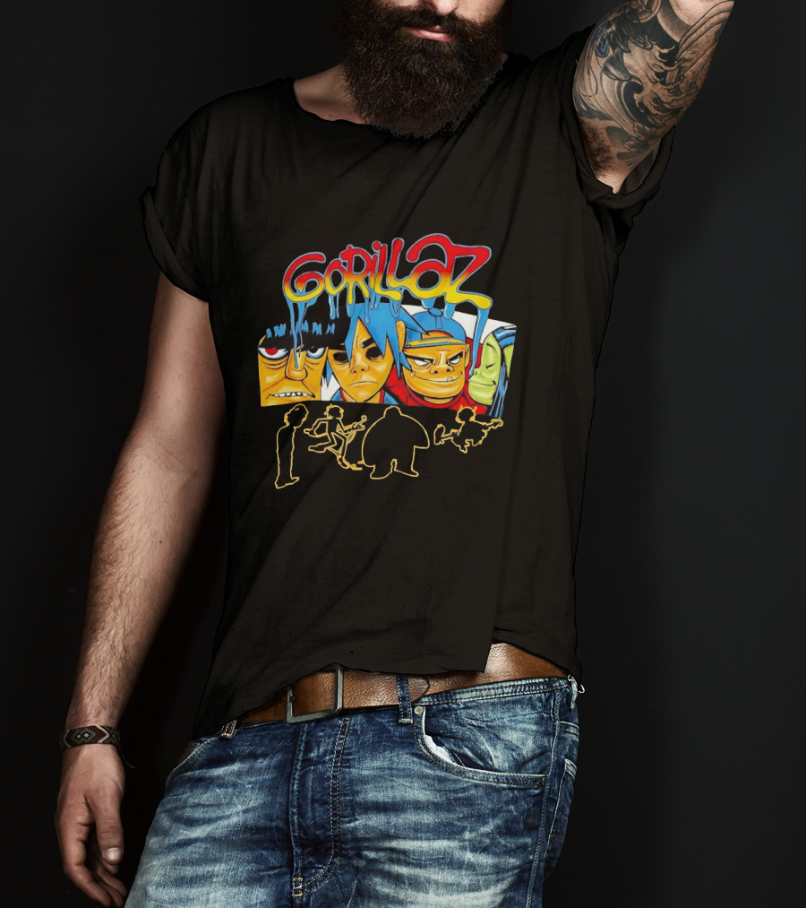 Gorillaz Band Characters Face Art And Silhouette Outlines T-Shirt