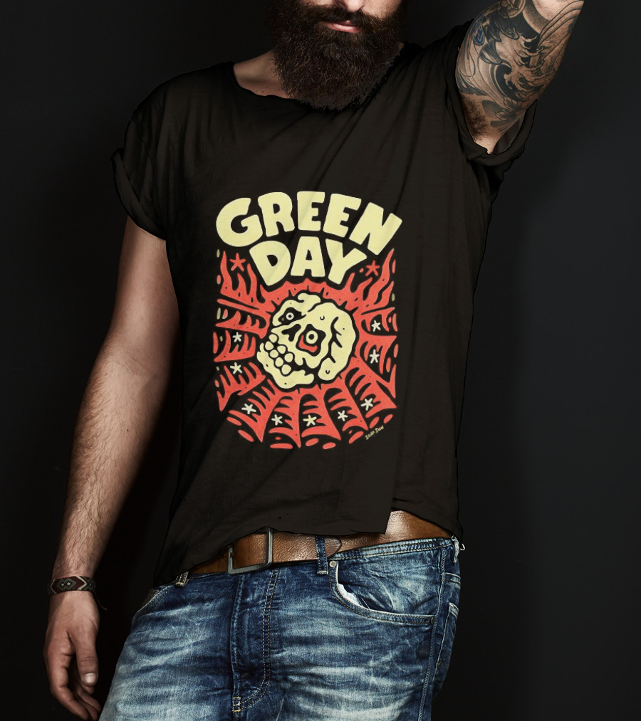 Green Day Skull Spider Red And Cream T-Shirt