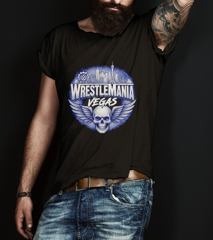 Cody Rhodes WWE Wrestlemania Vegas 42 Skull Wings Skyline T-Shirt