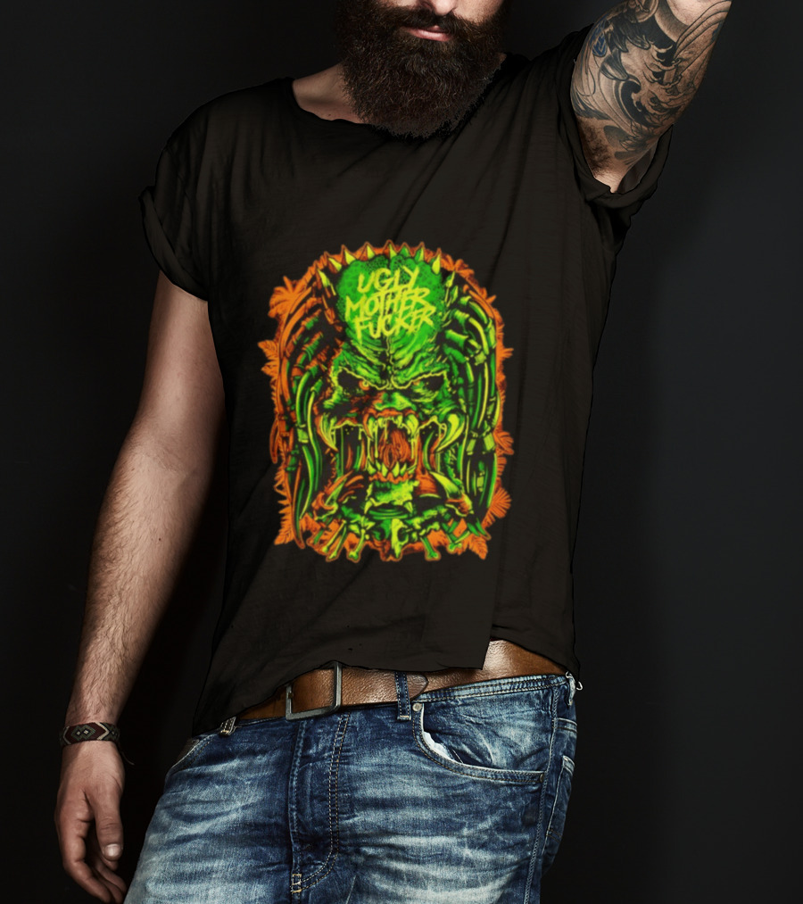 Predator Ugly Mother Fucker Alien Mask Neon Green And Orange T-Shirt