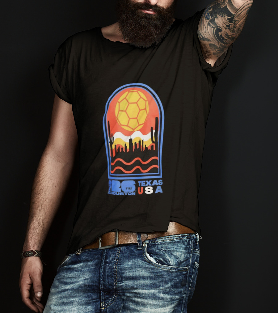 Texas USA FIFA 2026 Houston Skyline Cactus Sunset Soccer Ball T-Shirt