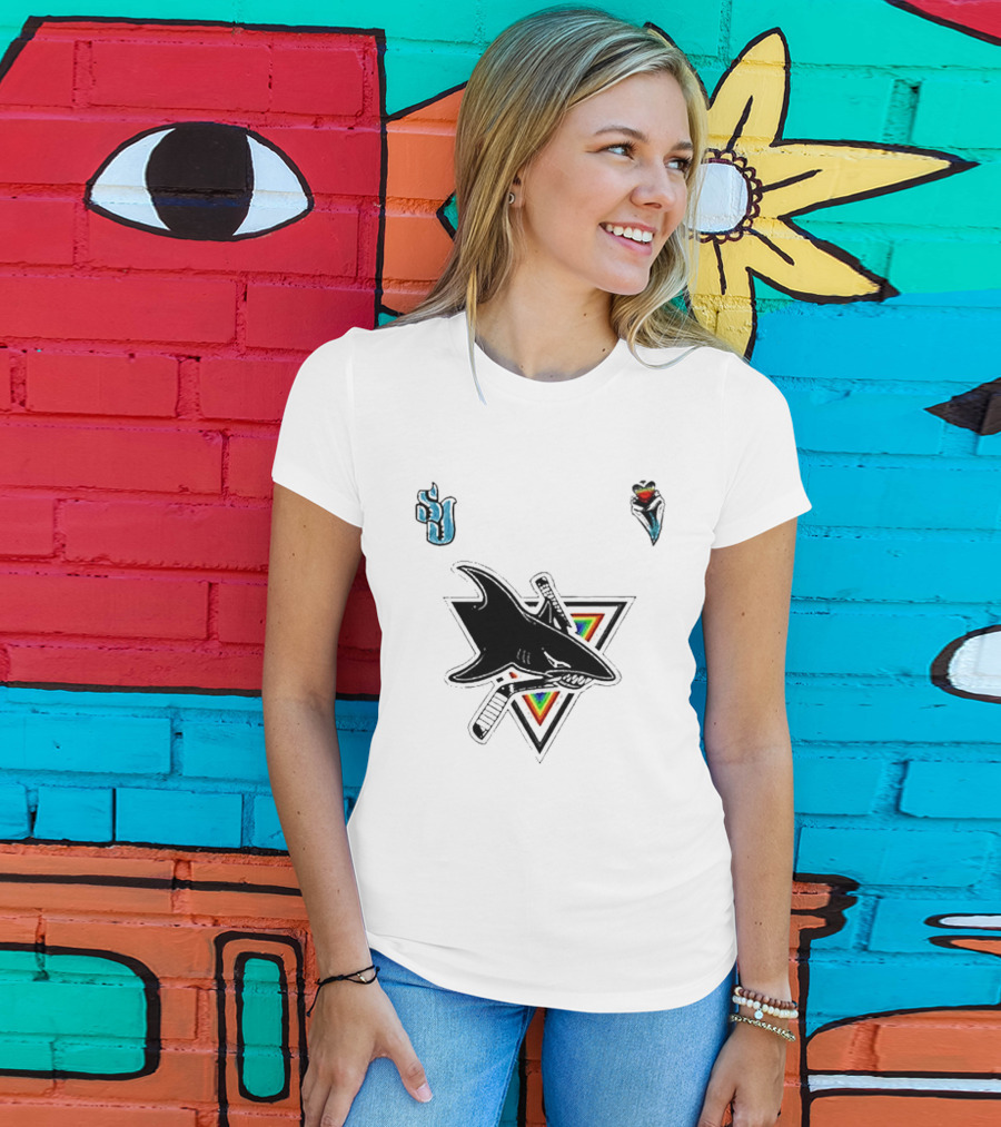 San Jose Sharks Pride Night 2026 Team Logo With Rainbow Accents T-Shirt