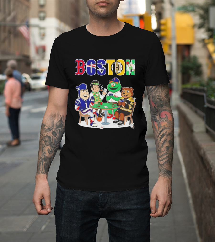 Boston Teams Playing Cards Patriots Red Sox Celtics Bruins Logos T-Shirt