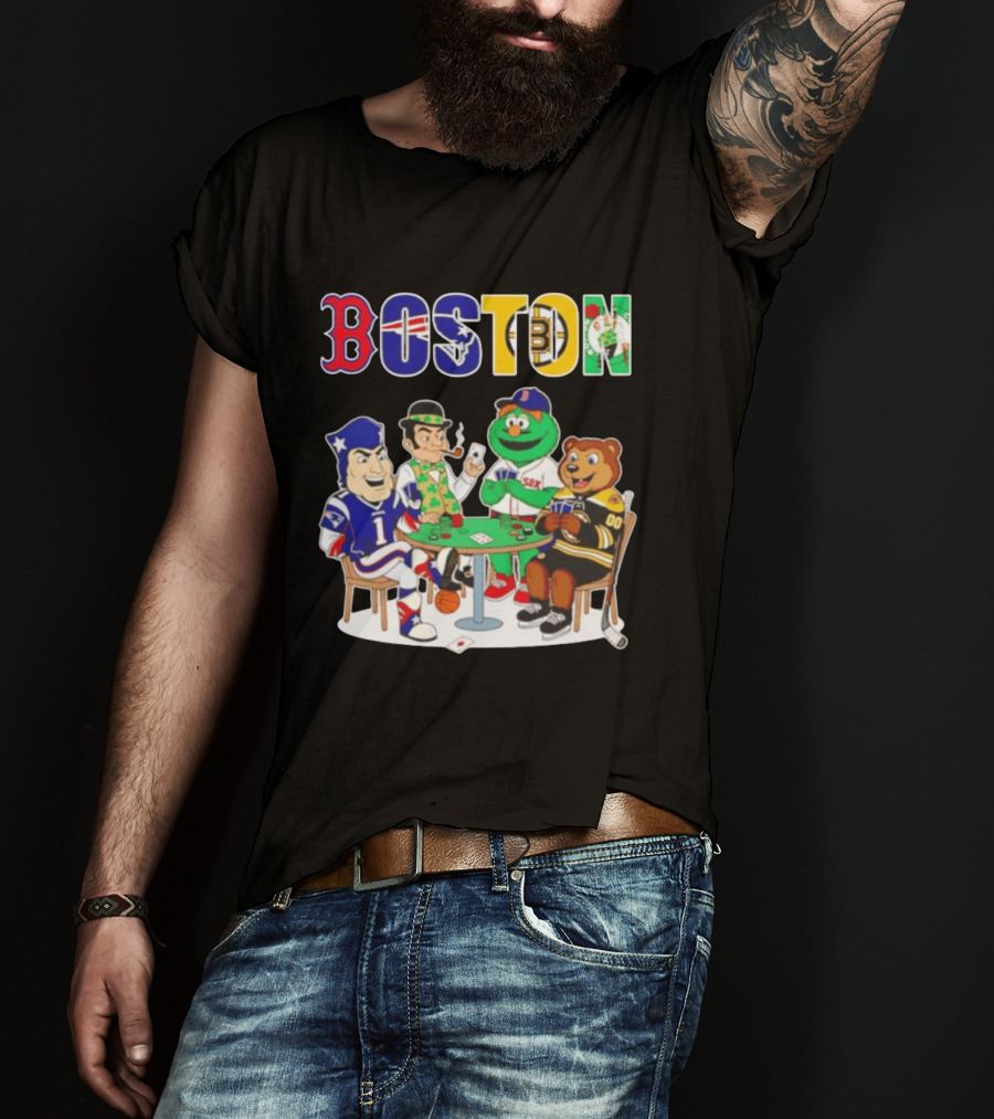 Boston Teams Playing Cards Patriots Red Sox Celtics Bruins Logos T-Shirt