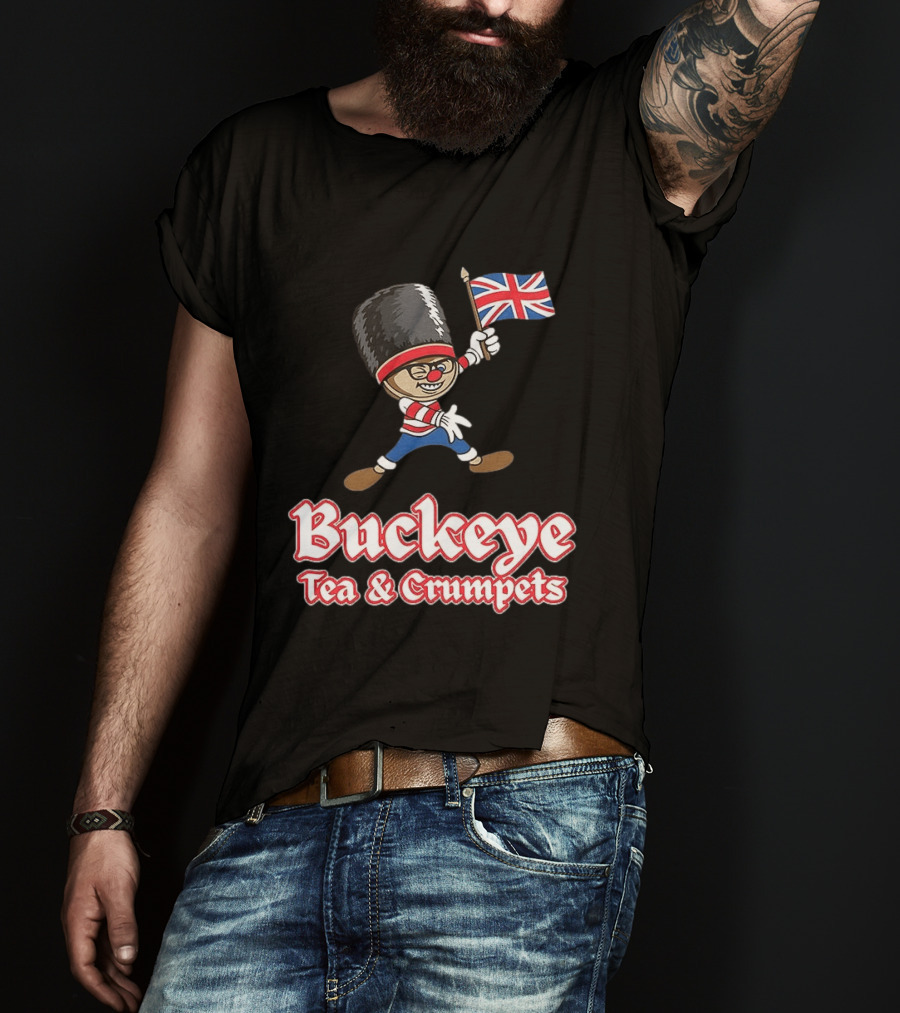 Buckeye Tea And Crumpets British Guard Cartoon With Union Jack Flag T-Shirt