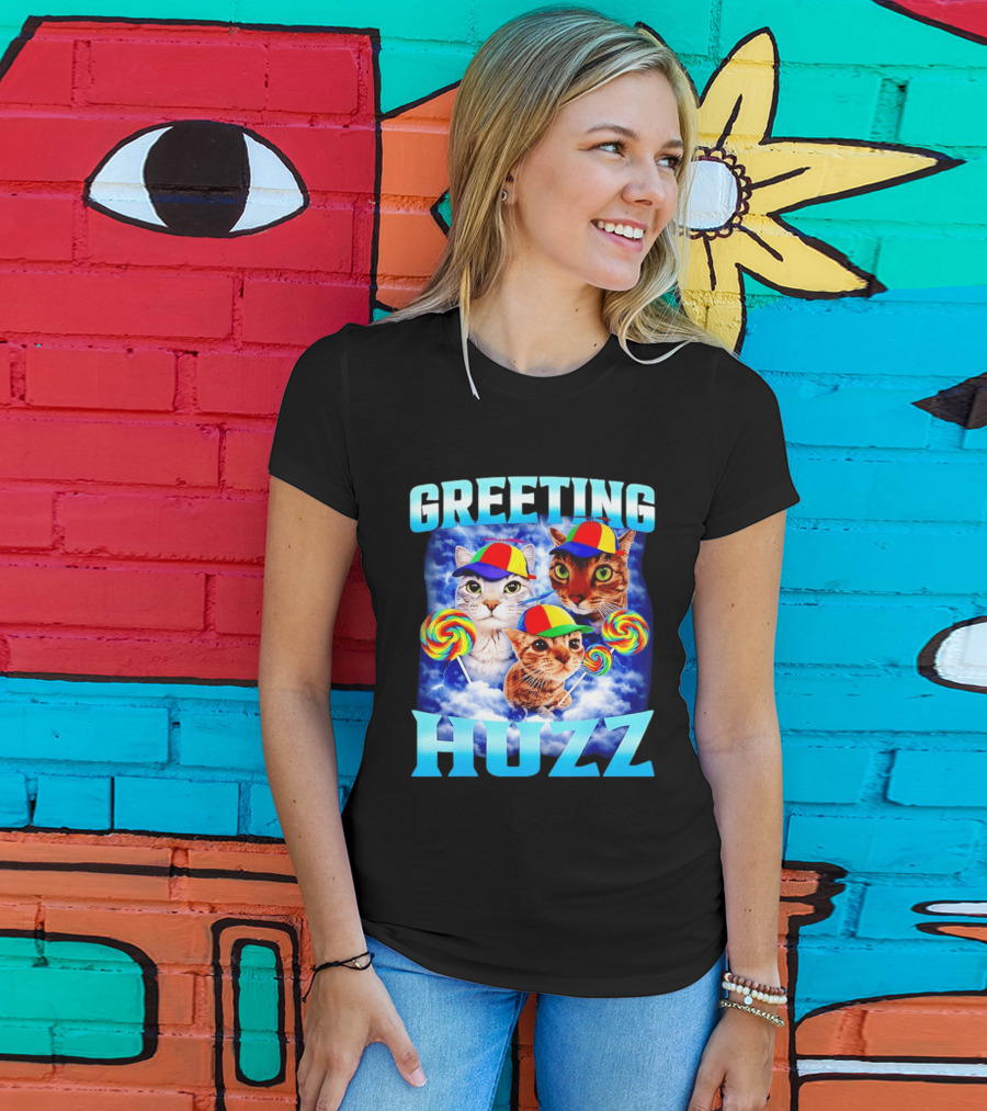Greeting Huzz Cat Meme With Lollipops And Colorful Hats T-Shirt