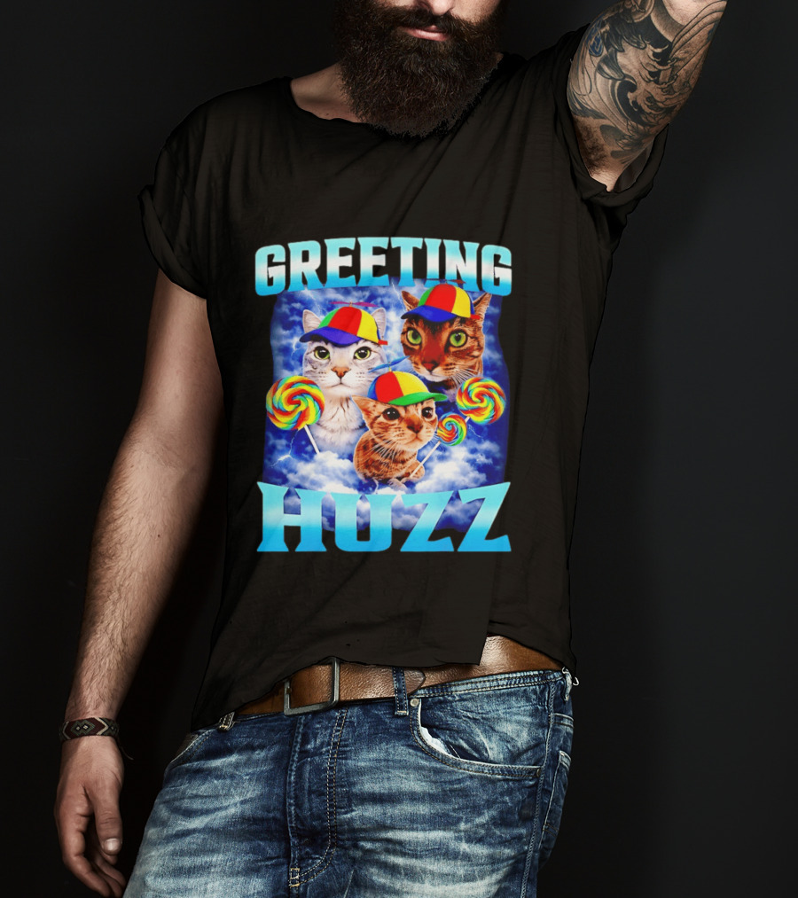 Greeting Huzz Cat Meme With Lollipops And Colorful Hats T-Shirt