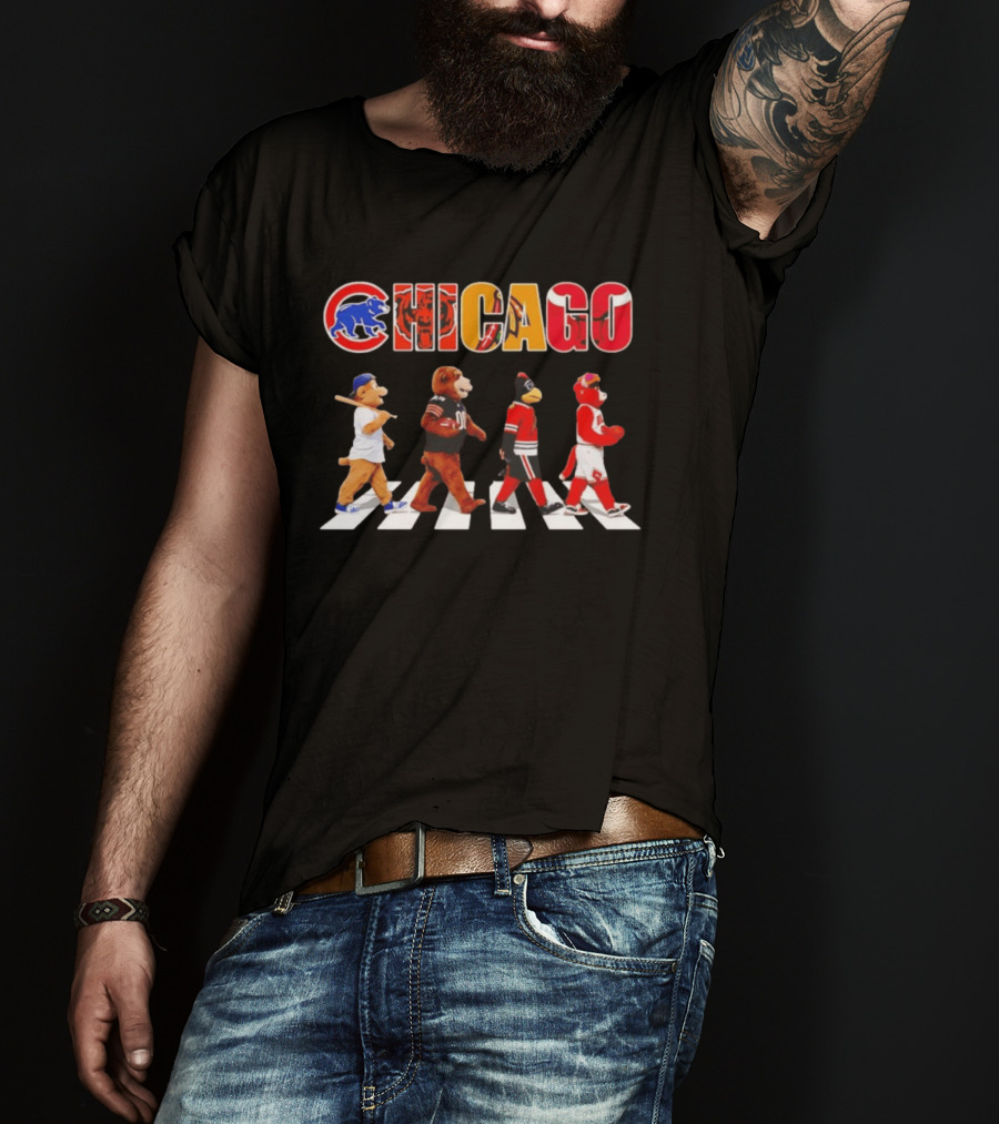 Chicago Cubs Bears Blackhawks Bulls Mascots Crossing Abbey Road T-Shirt