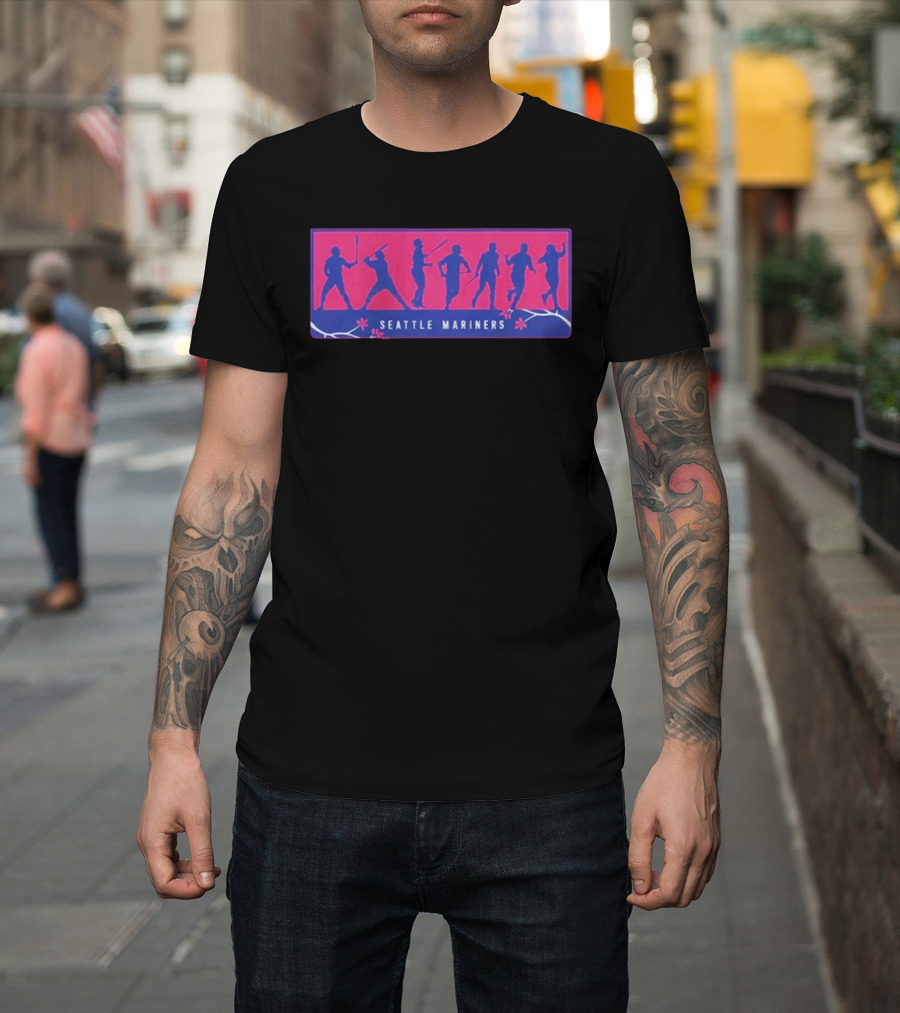 Seattle Mariners Anime Day Silhouettes Baseball Players Sakura Blossoms T-Shirt