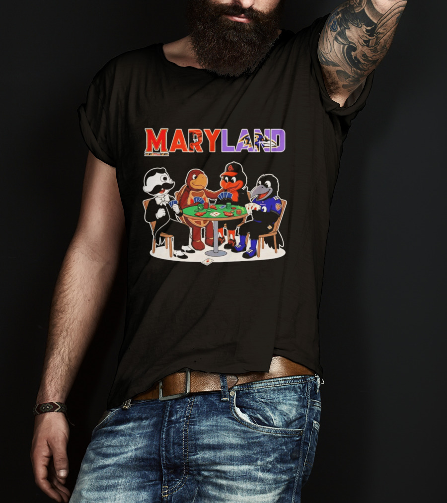 Maryland Mascots Playing Poker With Natty Boh, Orioles, Ravens, And Terrapins T-Shirt