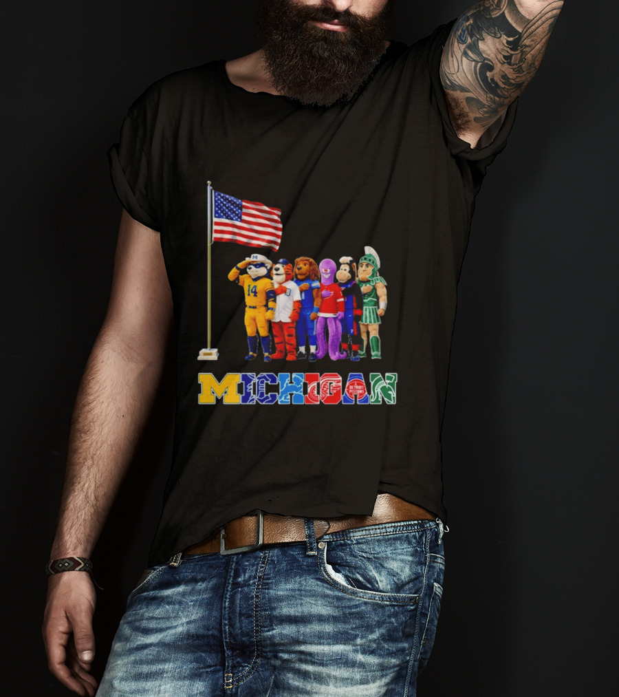 Patriotism In Michigan Sports Mascots Saluting American Flag T-Shirt