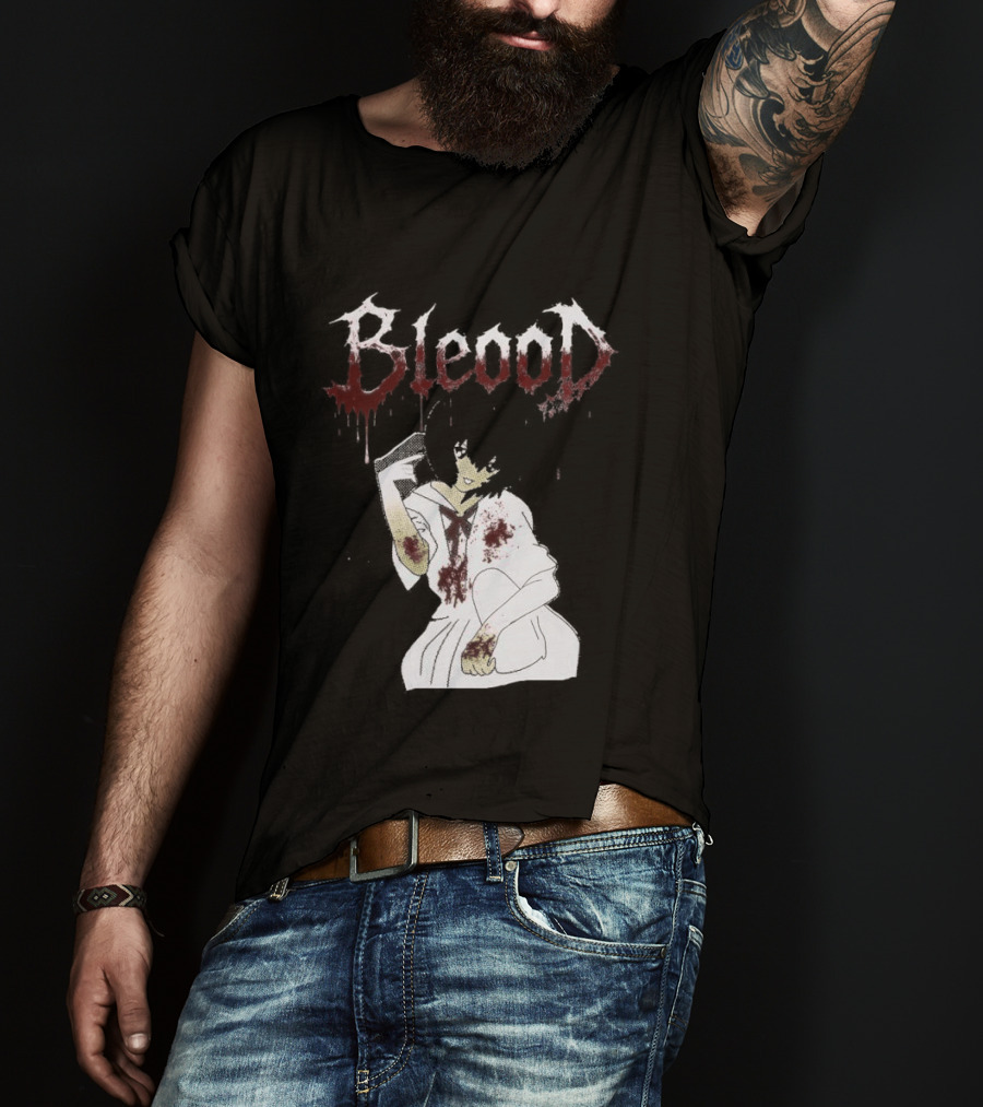 Blood Anime Style Dripping Text And Mysterious Figure T-Shirt
