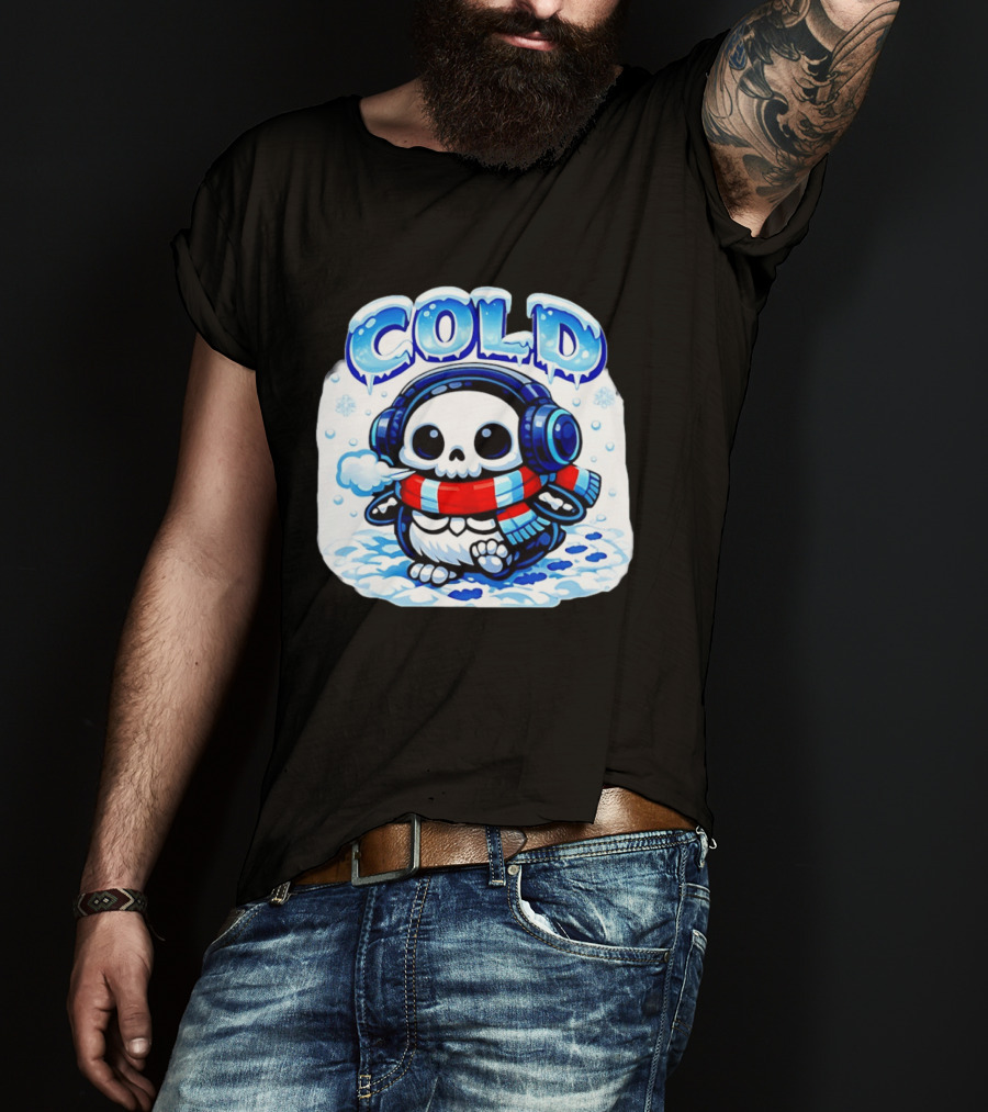 Cold Penguin Skeleton Winter Scarf Headphones Snowflakes T-Shirt