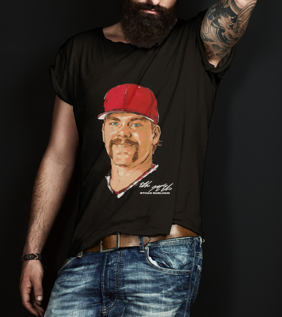 Ethan McElvain Arkansas Razorbacks Baseball Player Portrait In Red Cap T-Shirt