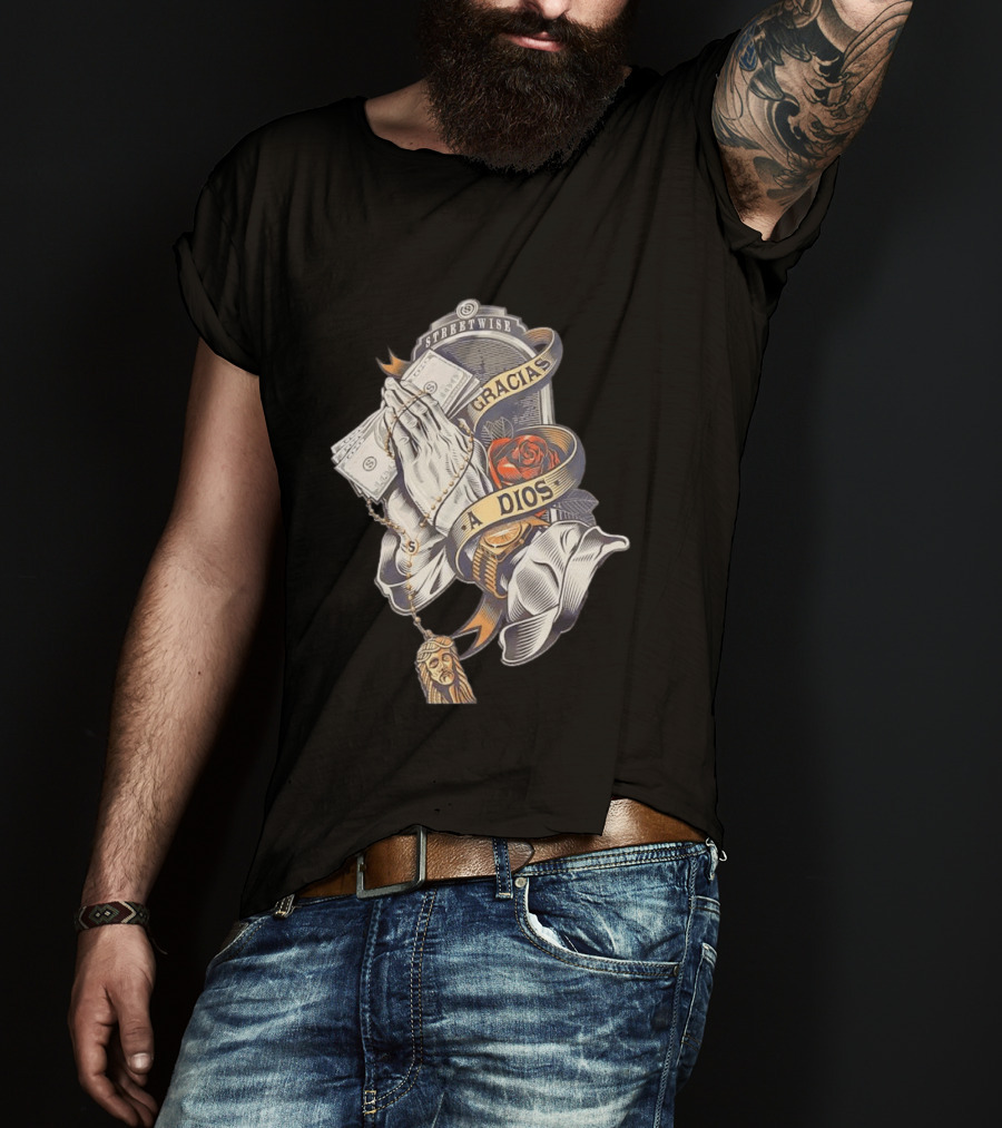 Streetwise Gracias A Dios Prayer Hands Rose Rosary T-Shirt