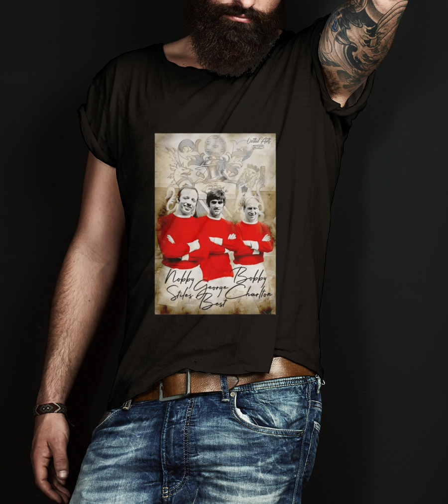 Nobby Stiles George Best Bobby Charlton Manchester United UEFA European Cup Lion Sketch T-Shirt