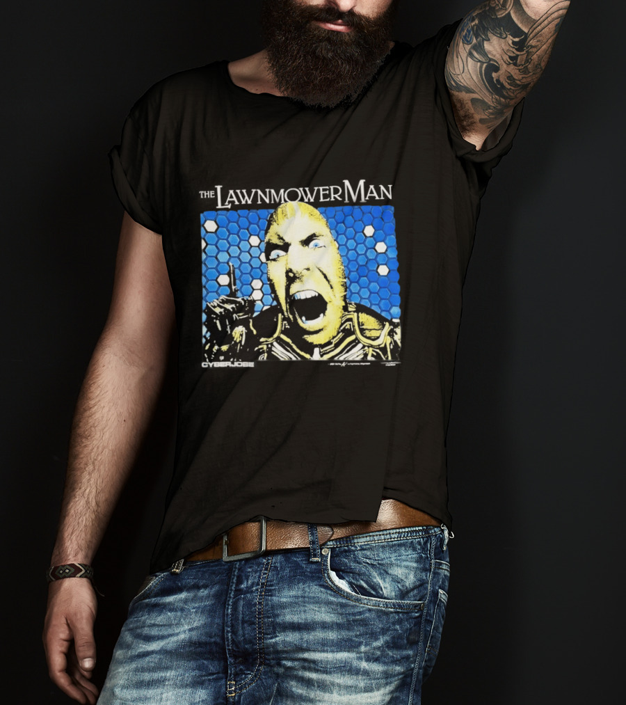 The Lawnmower Man Futuristic Cybernetic Face Against Blue Hexagon T-Shirt