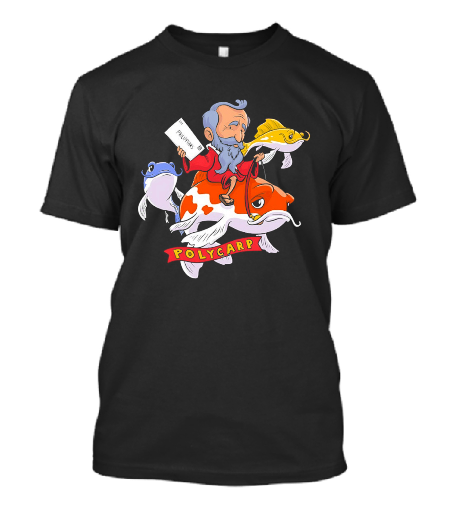Polycarp Philippians Cartoon Elder Riding Giant Koi Fish With Scroll And Whimsical Sea Creatures T-Shirt