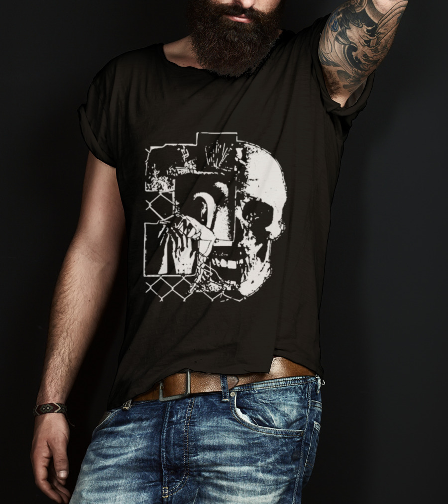 Harms Way Chain Link Skull 2026 Distorted Surreal White Design With Fence T-Shirt