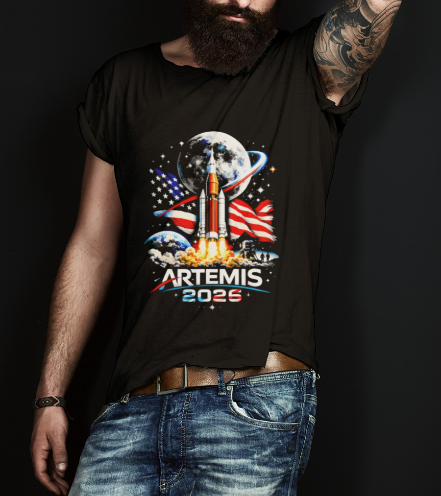Artemis 2026 Moon Mission American Rocket Launch With Flag And Stars T-Shirt