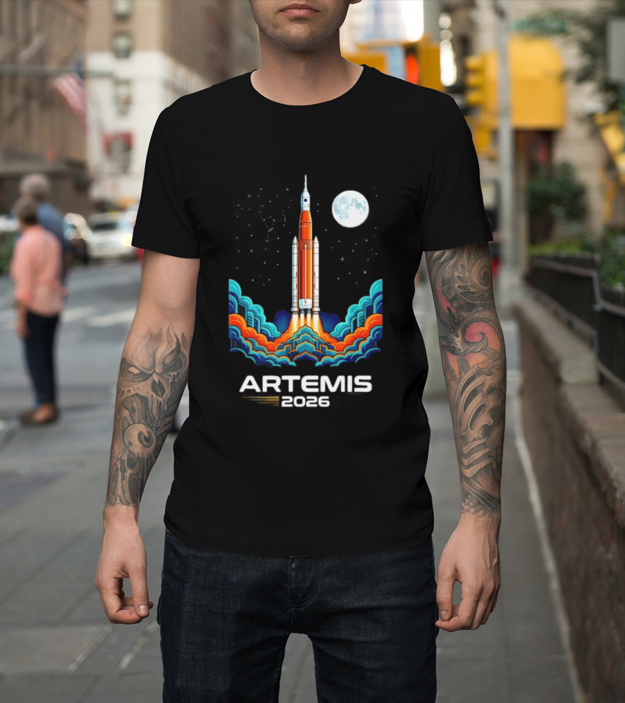Artemis 2026 Moon Mission Rocket Launch With Vibrant Waves And Full Moon T-Shirt