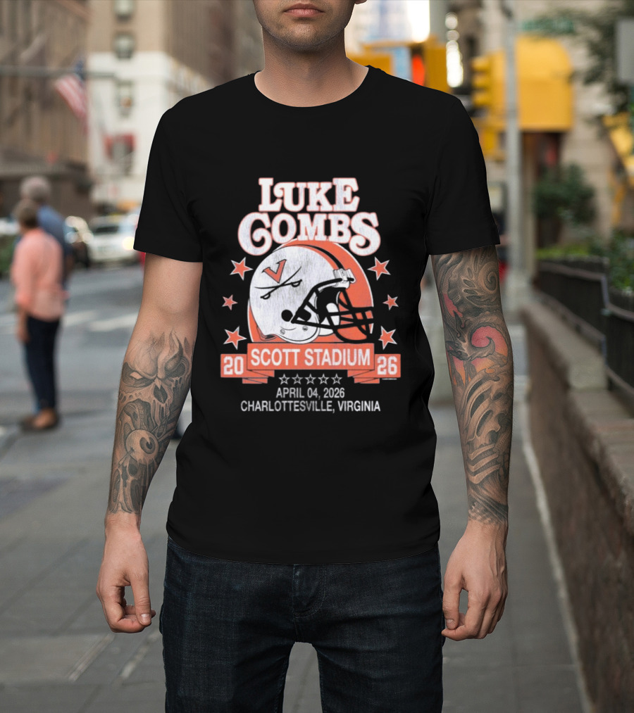 Luke Combs 2026 Scott Stadium Charlottesville Virginia April 04 Event With Helmet Stars T-Shirt