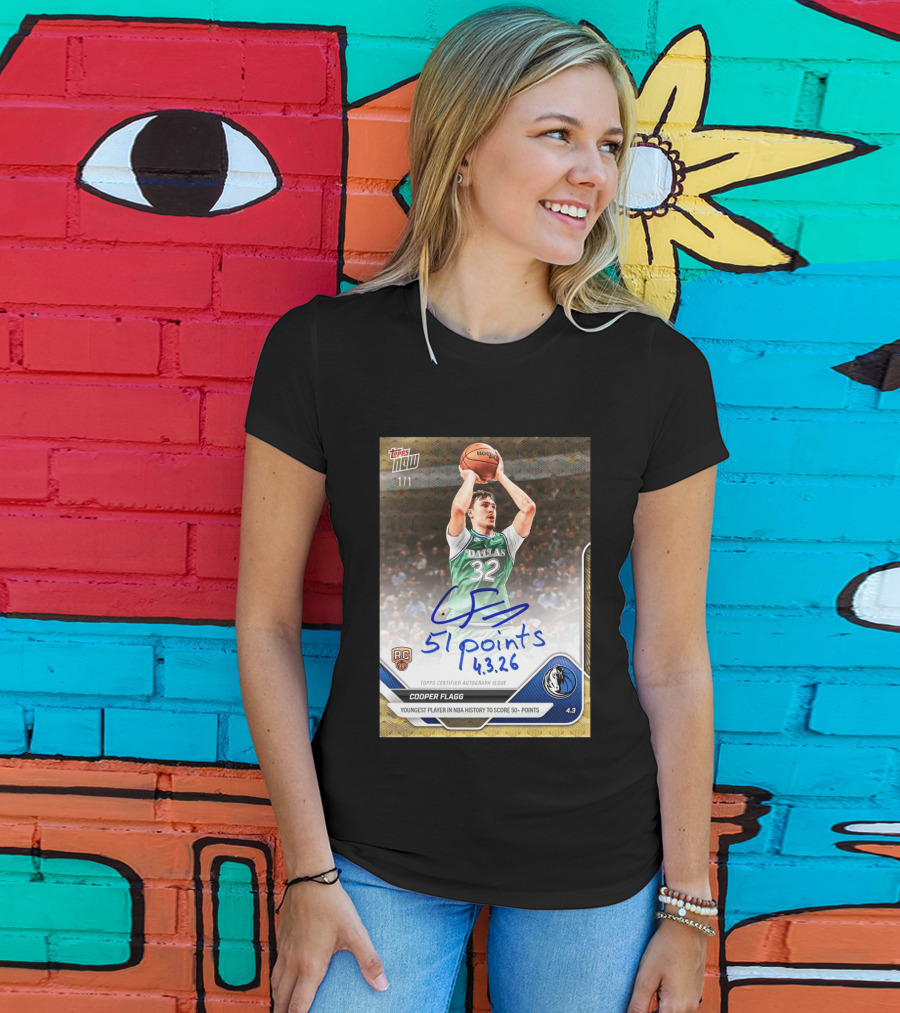 Topps Now Cooper Flagg 51 Points Youngest NBA History Dallas Mavericks Rookie Card T-Shirt