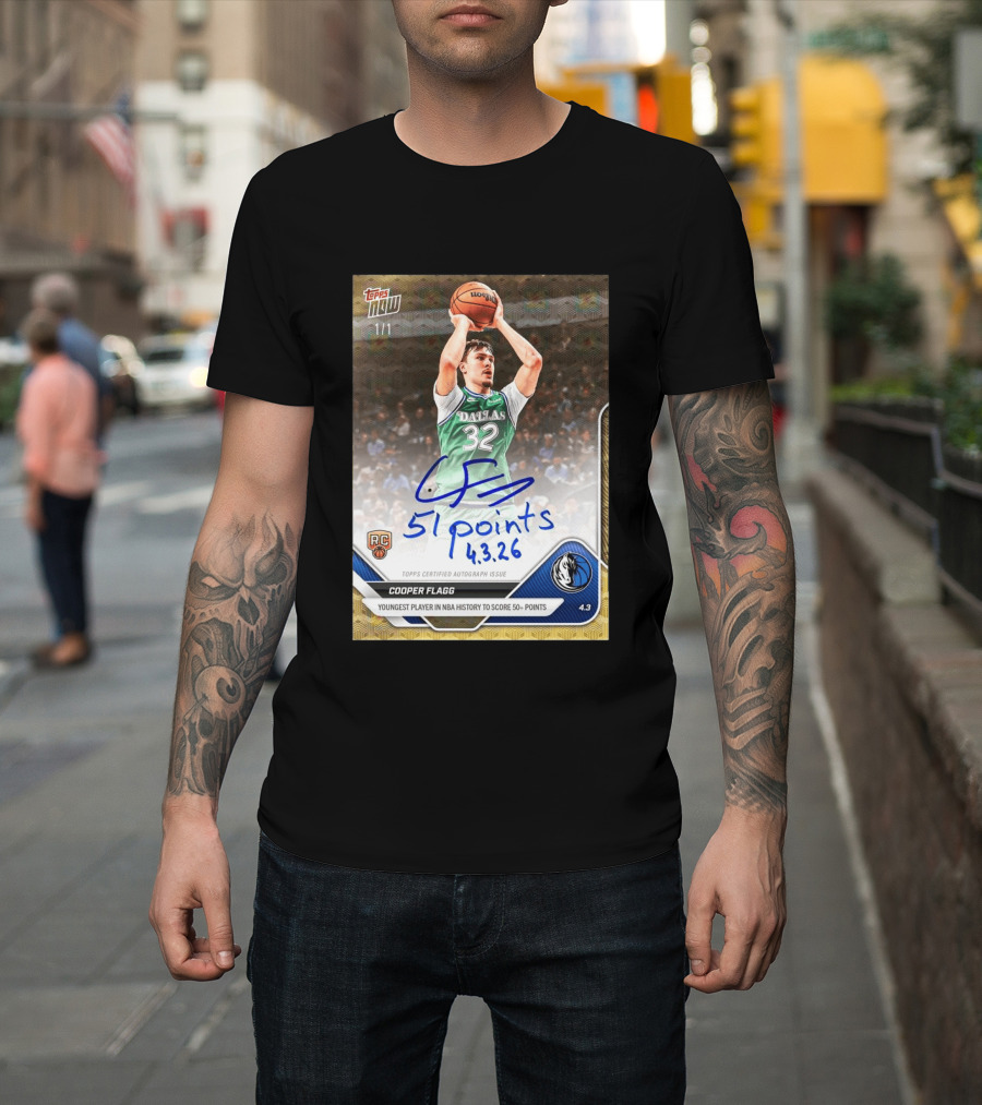 Topps Now Cooper Flagg 51 Points Youngest NBA History Dallas Mavericks Rookie Card T-Shirt