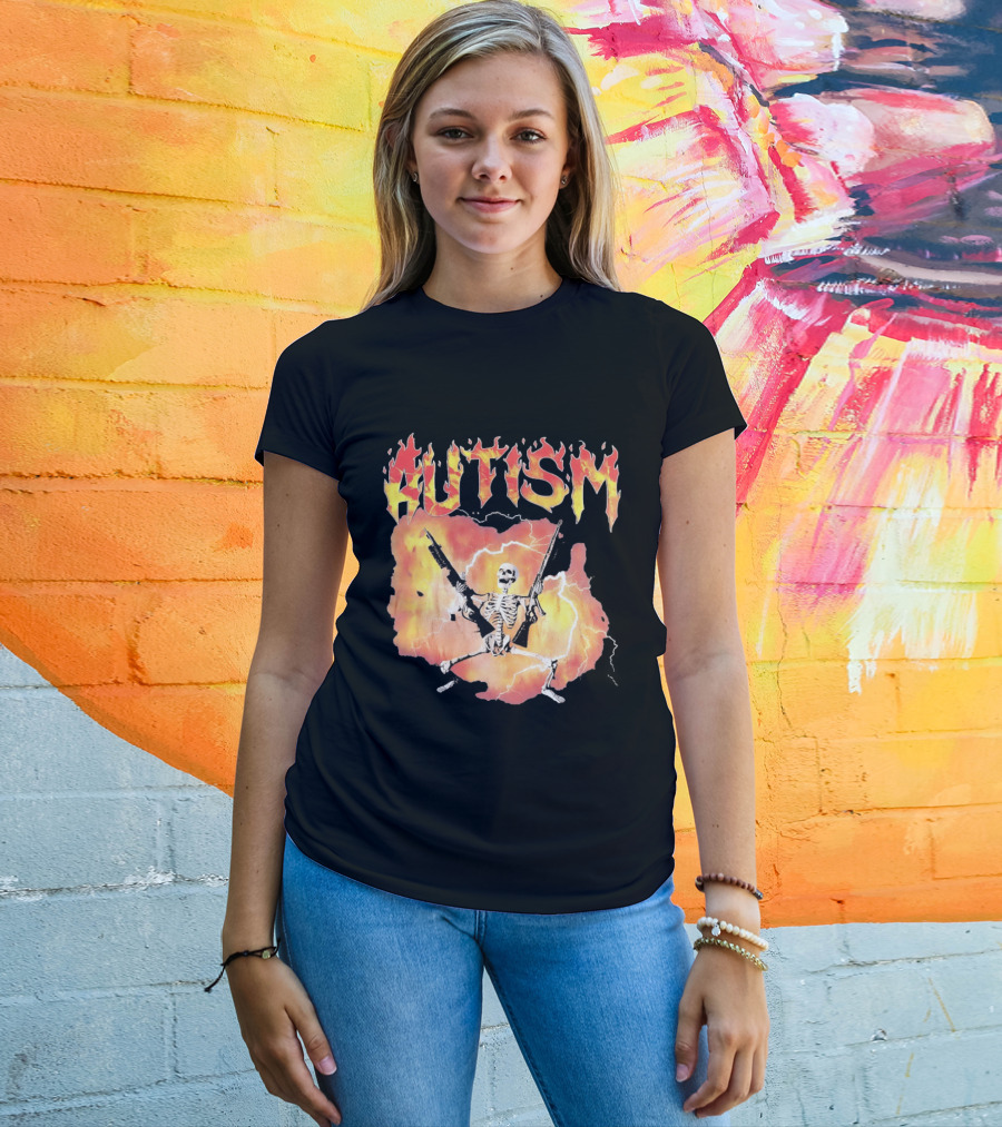 Autism Flaming Skeleton Meme Guns Edgy Fire T-Shirt