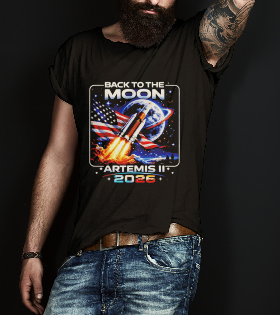 Back To The Moon Artemis II 2026 Rocket Launch Space Mission USA Flag T-Shirt