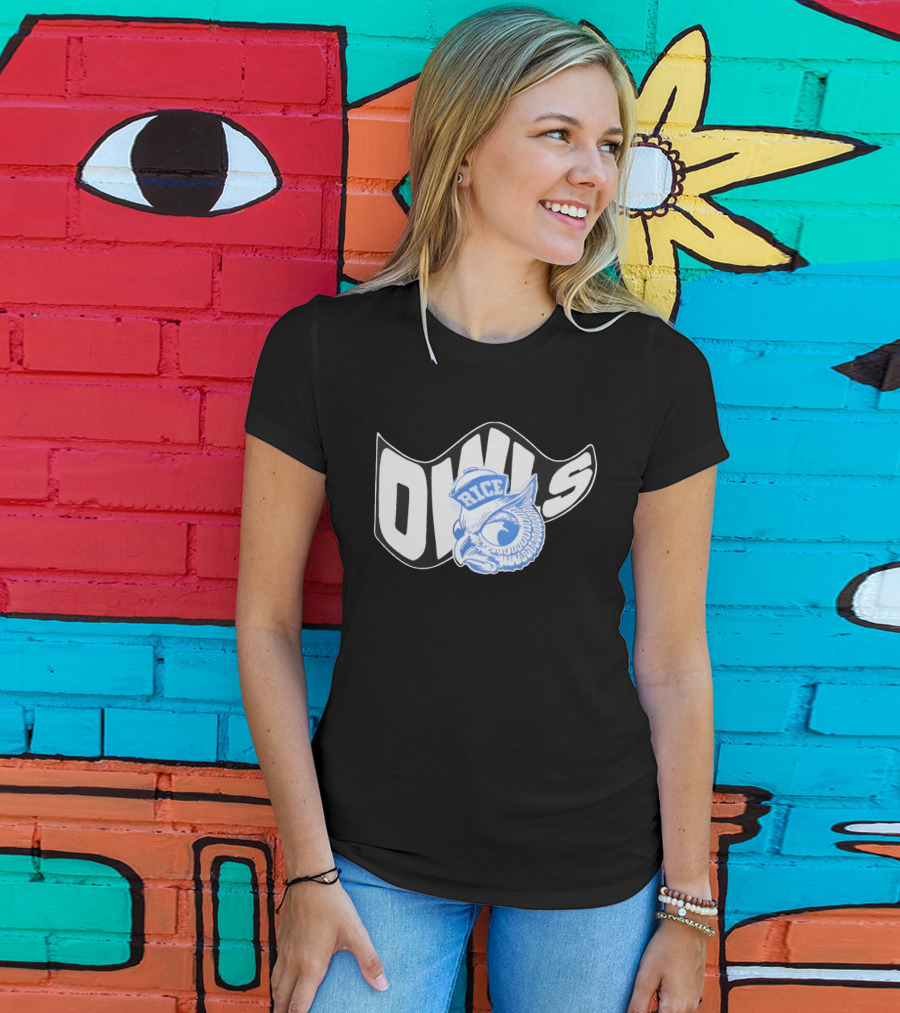 Rice Owls Waving Flag Bold Script With Blue Owl T-Shirt