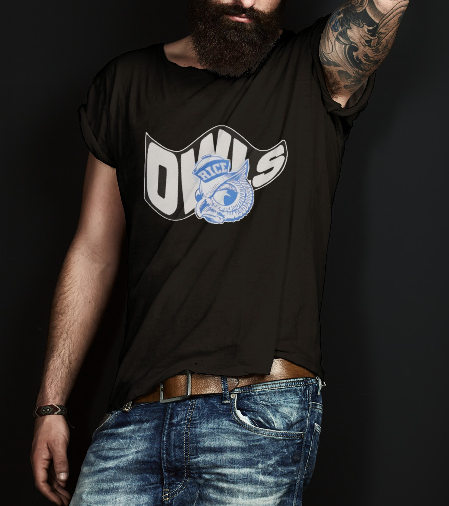 Rice Owls Waving Flag Bold Script With Blue Owl T-Shirt