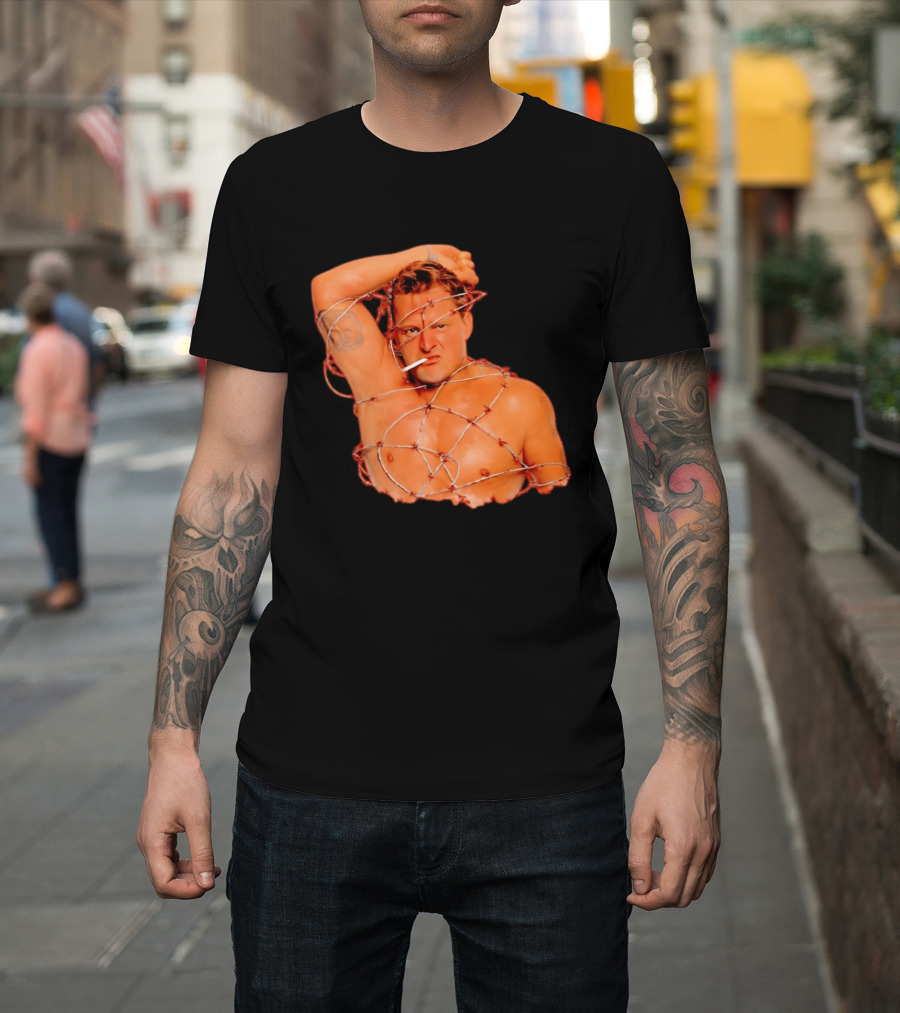 Sandman Barbed Wire Screenprinted Wrapping Wrestler With Cigarette T-Shirt